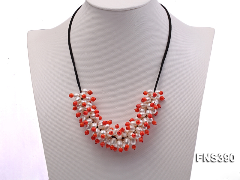 natural 7*8mm white rice freshwater pearl with orange coral beads necklace