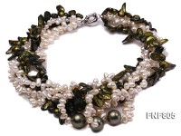 Five-strand White Freshwater Pearl and Dark-green Tooth-shaped Pearl Necklace with Shell Pearl