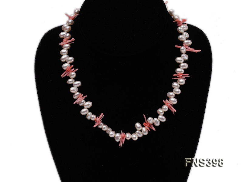 natural 6*8mm white irregular freshwater pearl with pink coral single Strand necklace