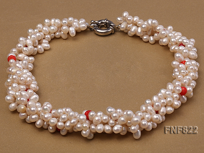 Four-strand 4.5-6.5mm White Freshwater Pearl and 4.5mm Red Coral Beads Necklace