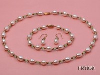 White Freshwater Pearl and Green Crystal Beads Necklace, Bracelet and Earrings Set