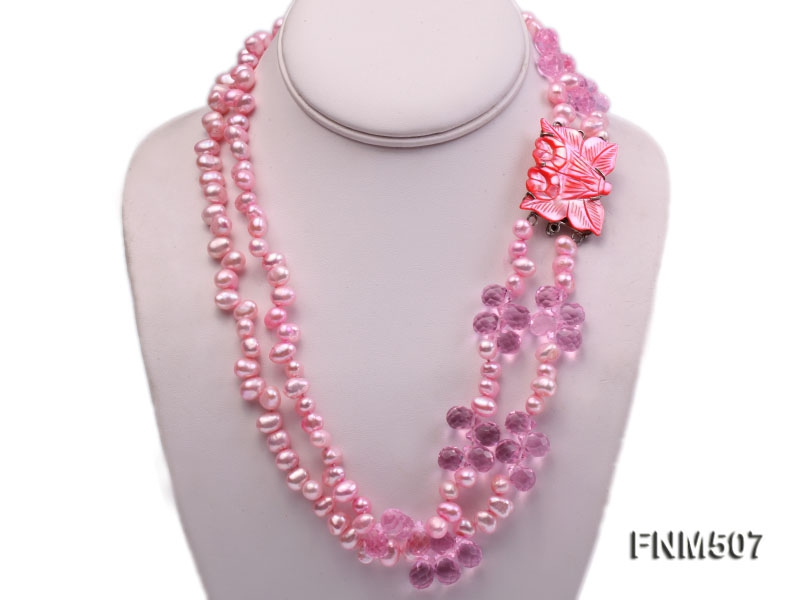 7-8mm pink freshwater pearl and drip-shaped crystal necklace with seashell clasp