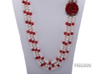 3 strand white freshwater pearl and red coral necklace with coral clasp