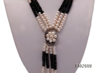 5-6mm natural white round freshwater pearl with black carved agate opera necklace
