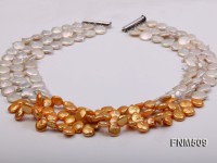 Three-strand 11-12mm White and Golden Freshwater Pearl Necklace