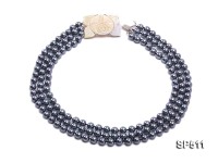 3 strand round black seashell pearl necklace with shell-flower clasp