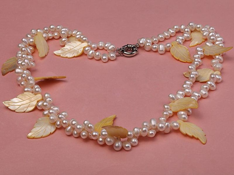 Two-strand 6-7mm White Side-drilled Freshwater Pearl Necklace with Yellow Seashell Leaves