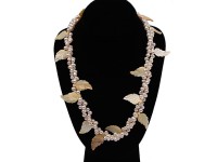 Two-strand 6-7mm White Side-drilled Freshwater Pearl Necklace with Yellow Seashell Leaves