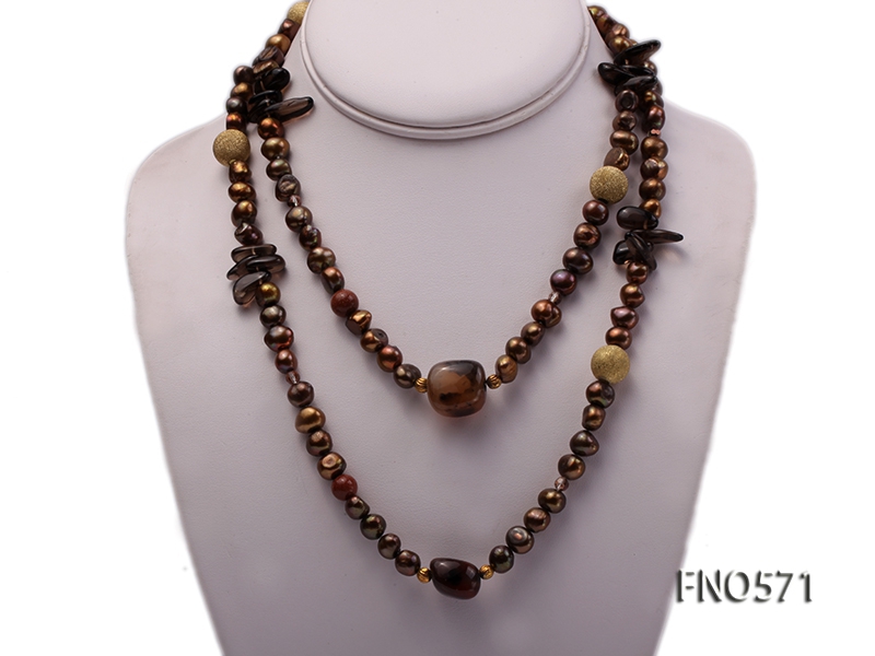 7-8mm dark coffee freshwater pearl with gold sand stone and smoky quartz necklace
