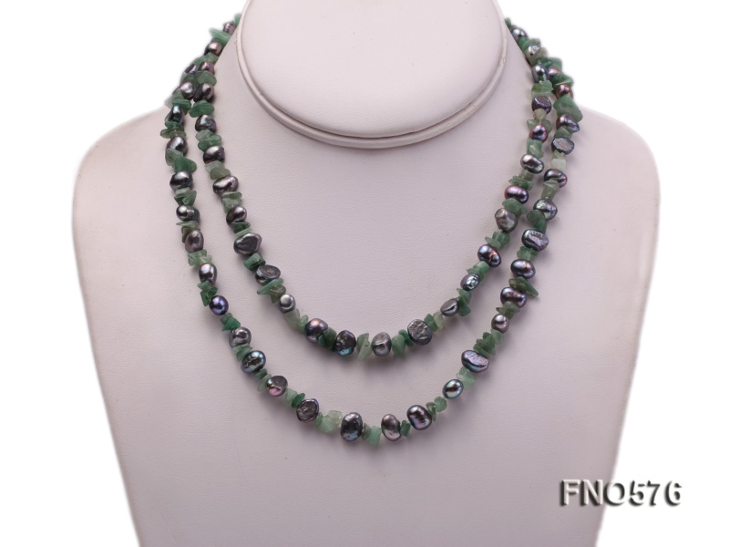 6-7mm black flat freshwater pearl with green gemstone chips opera necklace