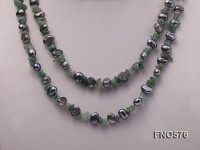6-7mm black flat freshwater pearl with green gemstone chips opera necklace