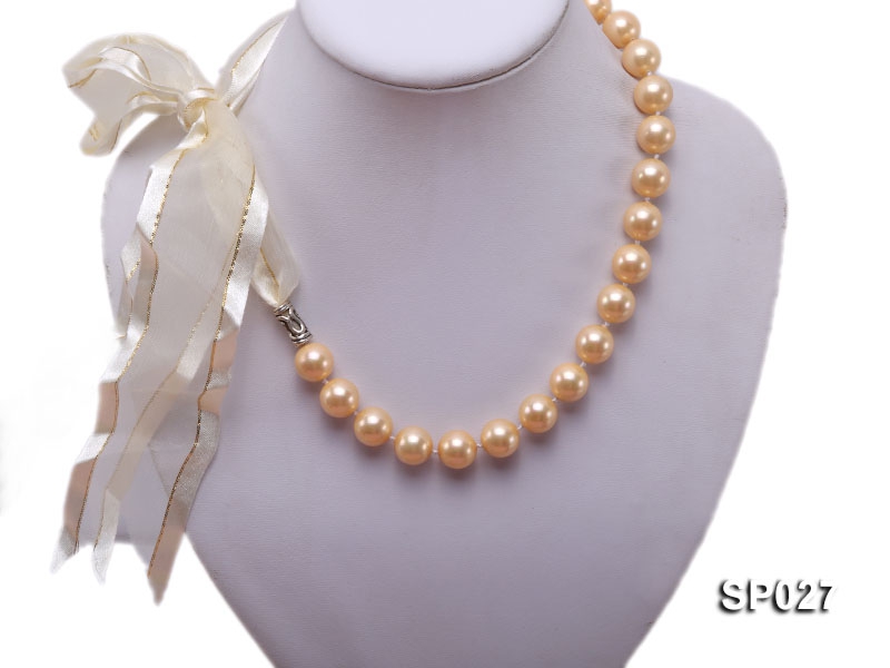 12mm round golden seashell pearl necklace with ribbon