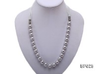 12mm silver grey round seashell pearl necklace with blue ribbon