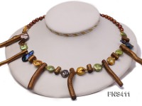 coffee freshwater pearl with coin pearl and gold coral sticks single necklace