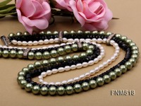 Three-strand White Freshwater Pearl, Green Seashell Pearl and Black Agate Beads Necklace
