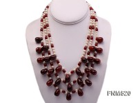 3 strand white freshwater pearl and red agate necklace