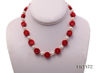 6-7mm White Freshwater Pearl & Red Coral Flowers Necklace and Bracelet Set