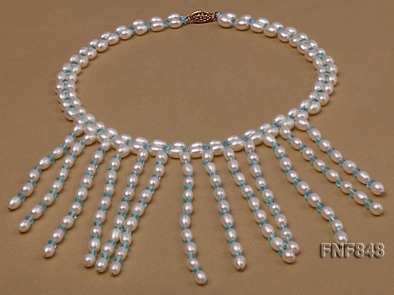 5-7mm White Rice-shaped Freshwater Pearl and 4-5mm Blue Crystal Beads Necklace
