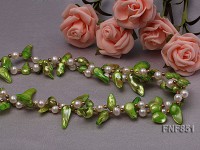 2 strands white round and green tooth-shaped freshwater pearl necklace