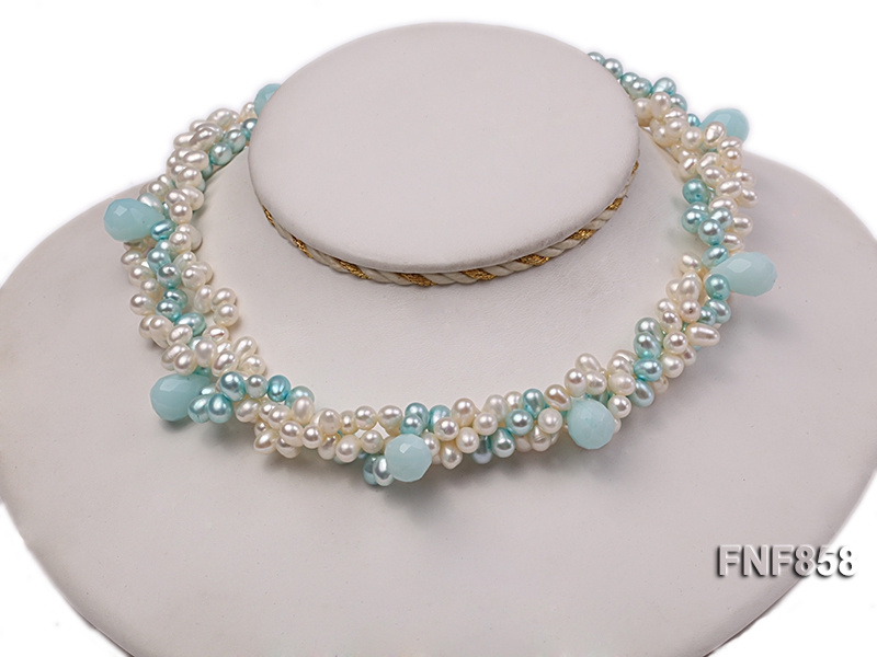 Three-strand White and Blue Freshwater Pearl Necklace with Blue Drop-shaped Stone Beads