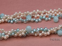 Three-strand White and Blue Freshwater Pearl Necklace with Blue Drop-shaped Stone Beads