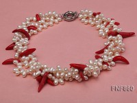 Three-strand White Freshwater Pearl and Red Coral Sticks Necklace
