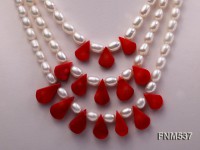 3 strand white oval freshwater pearl and red coral necklace