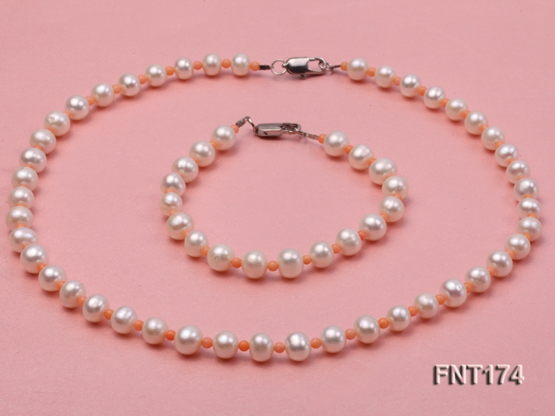 6-7mm White Freshwater Pearl & Pink Coral Beads Necklace and Bracelet Set