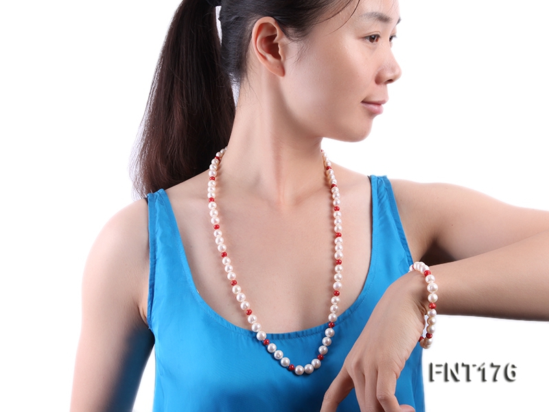 8-9mm White Freshwater Pearl & 6-6.5mm Red Coral Beads Necklace and Bracelet Set