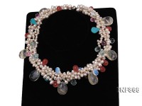 Three-strand White Freshwater Pearl, Blue Turquoise Beads & Multi-color Crystal Beads Necklace