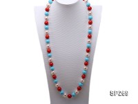 14mm turquoise blue, coral red, and pink shell pearl necklace