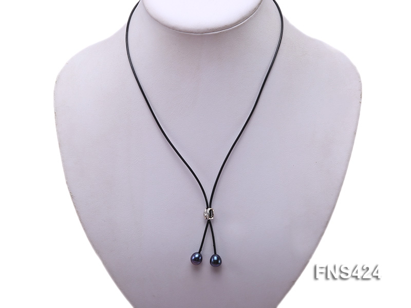 7-8mm black rice freshwater pearl single necklace with black leather rope