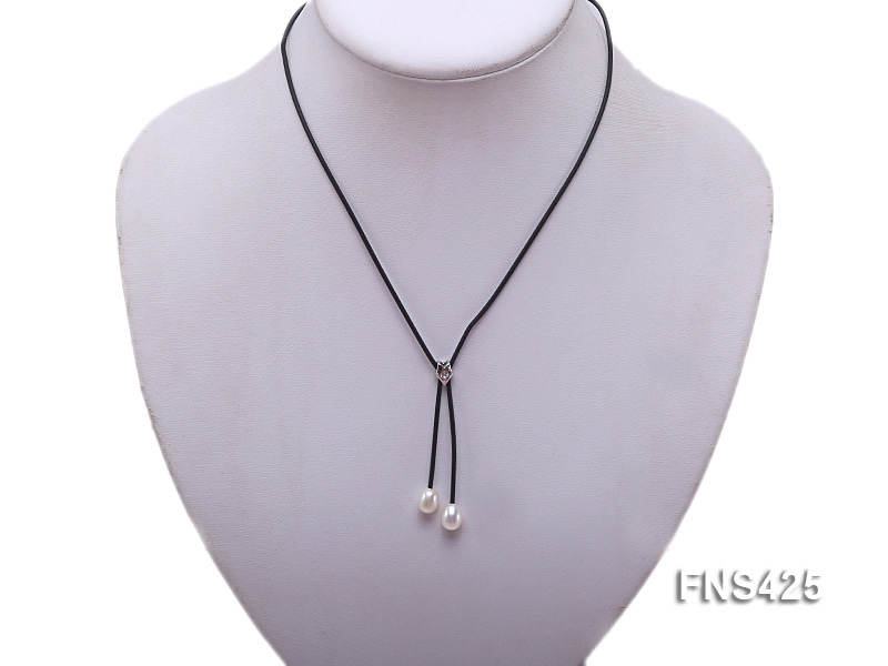 natural 7-8mm white rice freshwater pearl necklace with black leather rope