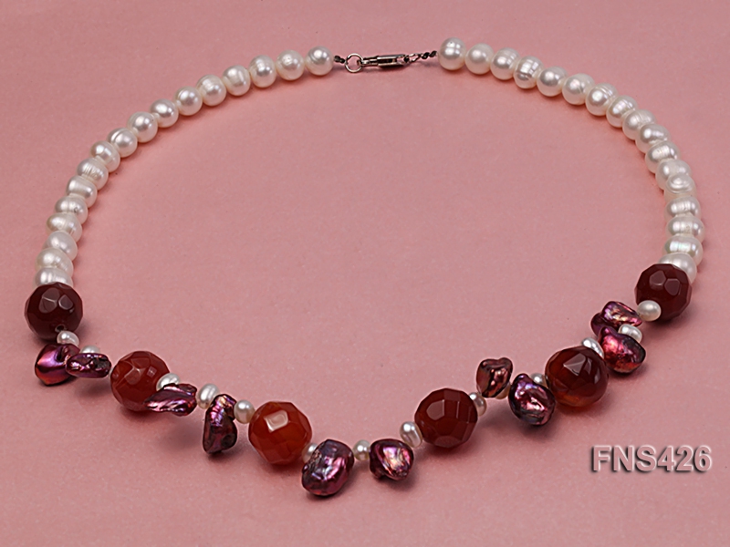Natural 7-8mm white freshwater pearl with red agate and keshi pearl necklace