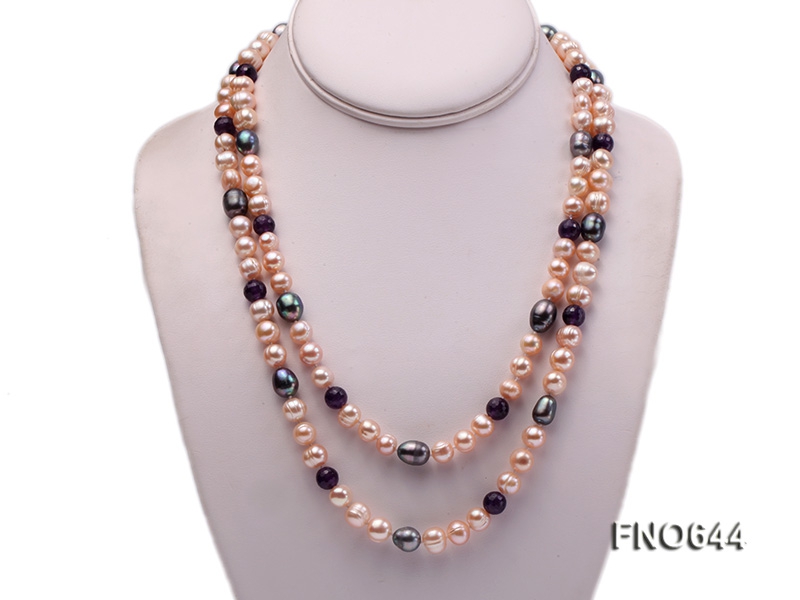7-8mm natural pink round freshwater pearl with 8mm round carved amethyst opera necklace