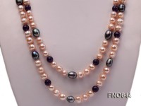 7-8mm natural pink round freshwater pearl with 8mm round carved amethyst opera necklace