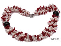Three-strand 6-7mm White Freshwater Pearl and 4x10mm Coral Beads Necklace with Agate Beads