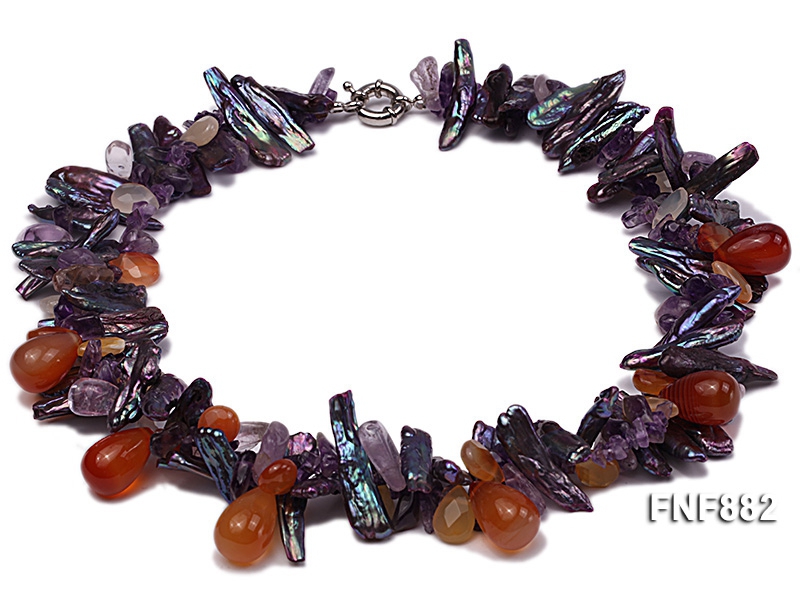 Freshwater Pearl, Purple Crystal Chips and Drop-shaped Agate Beads Necklace