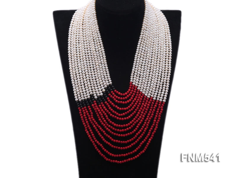 13 strand white freshwater pearl and round red coral necklace