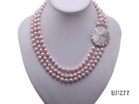 8mm round pink seashell pearl three-strand necklace