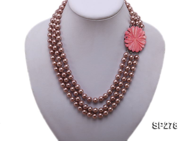 8mm round brown seashell pearl three-strand necklace