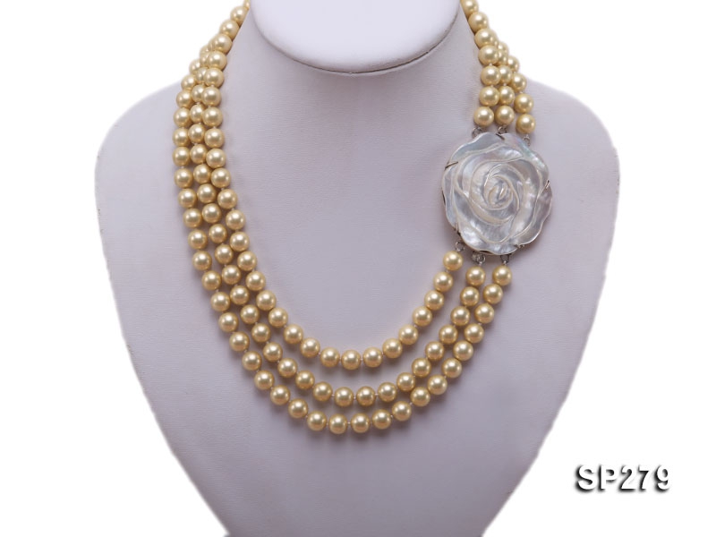 8mm round golden seashell pearl three-strand necklace