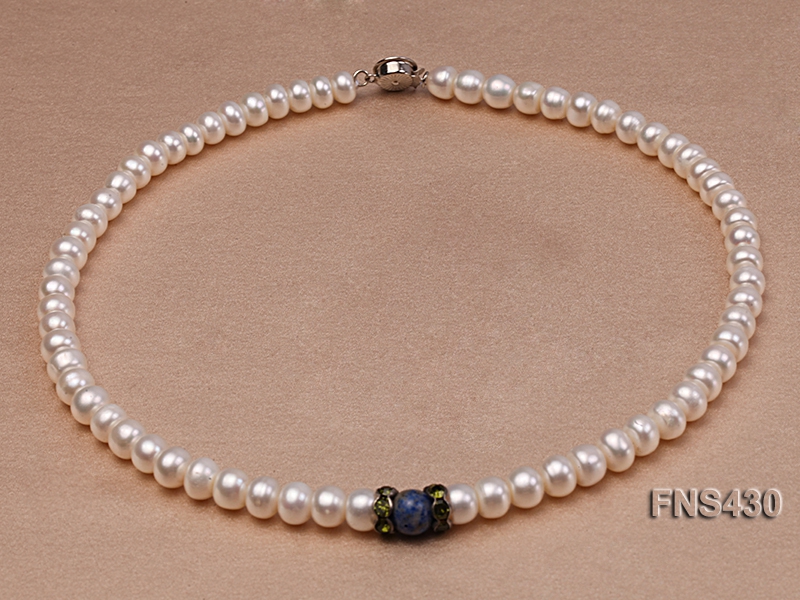 7-8mm natural white flat freshwater pearl single strand necklace with lapis beads