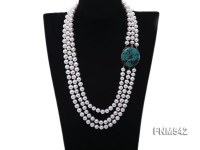 3 strand white round freshwater pearl necklace with turquoise clasp