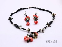 8mm black round faceted and oval Agate pearl and white tridacna red coral Necklace and earring set