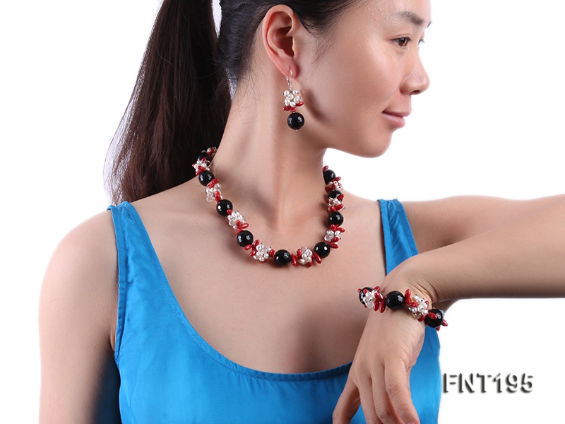 Freshwater Pearl, Coral Beads, Crystal Beads & Agate Beads Necklace, Bracelet and Earrings Set