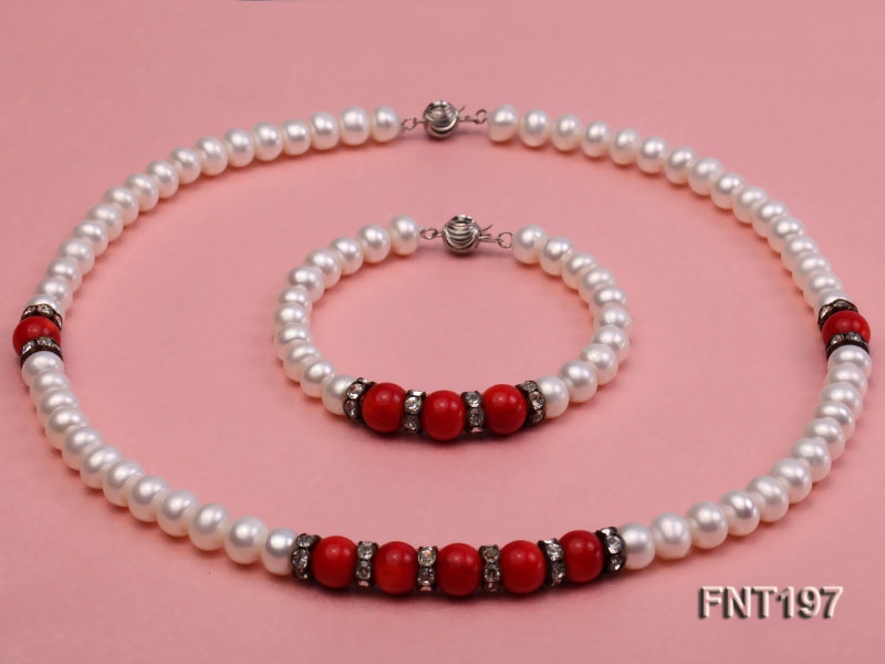 8mm White Freshwater Pearl & Red Coral Beads Necklace and Bracelet Set