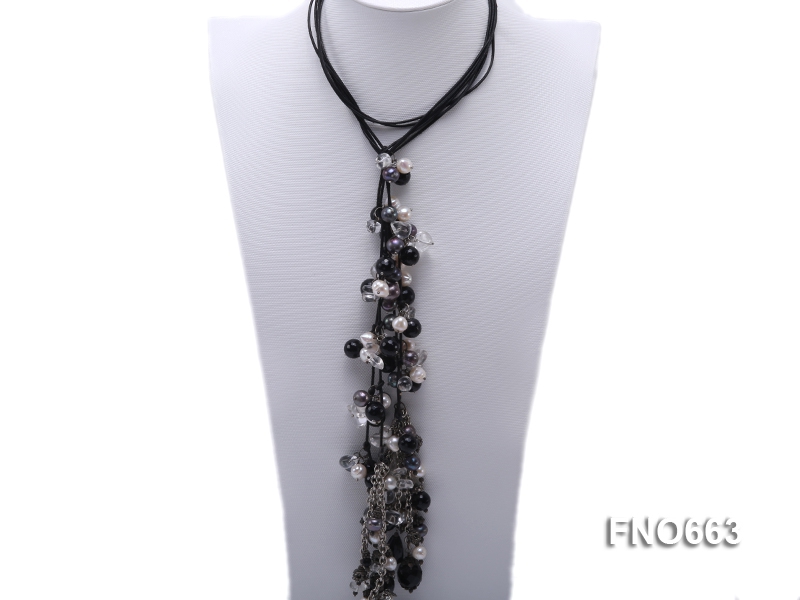 9mm white and black freshwater pearl with white crystal and black agate necklace