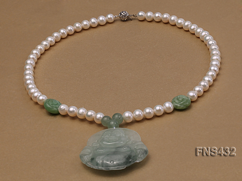 natural white round freshwater pearl necklace with buddha-shaped emerald pendant