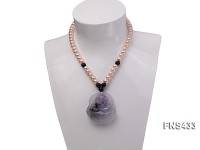 natural white flat freshwater pearl necklace with natural black agate and jade pendant